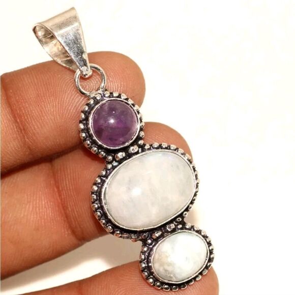 Rainbow Moonstone Amethyst Larimar 925 Silver Plated Long Pendant 2" Handcrafted - Picture 3 of 4